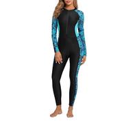 ALLTOKE Damen Ganzkörper-Rashguard mit integriertem BH, langärmelig, einteiliger Badeanzug mit Reißverschluss vorne, LSF 50+, Blau-grüne Blätter, S