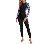 ALLTOKE Damen Ganzkörper-Rashguard mit integriertem BH, langärmelig, einteiliger Badeanzug mit Reißverschluss vorne, LSF 50+, Schwarz/Rosa Blume, Medium