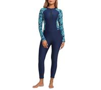 ALLTOKE Damen Ganzkörper-Rashguard mit integriertem BH, langärmelig, einteiliger Badeanzug mit Reißverschluss vorne, LSF 50+, Marineblau/grüne Blätter, Medium