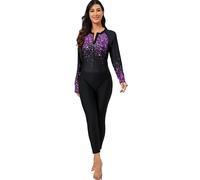 ALLTOKE Damen Ganzkörper-Rashguard mit integriertem BH, langärmelig, einteiliger Badeanzug mit Reißverschluss vorne, LSF 50+, Schwarz/Sternenhimmel, XL