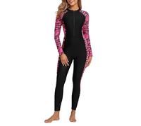 ALLTOKE Damen Ganzkörper-Rashguard mit integriertem BH, langärmelig, einteiliger Badeanzug mit Reißverschluss vorne, LSF 50+, Schwarz/Rosarot Zebra, S