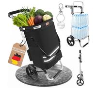 Allyson® Einkaufstrolley Klappbar, Einkaufswagen mit 56L Kapazität & Wasserdichter Tasche, Shopping-Trolley mit Geräuschlosen Rädern & Belastbar bis 50kg, Trolly mit Kühltasche & Reflektoren - Schwarz