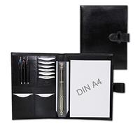 ALMADIH A4 Konferenzmappe aus Rindsleder + herausnehmbares Ringbuch + Schreibblock - Schwarz - Ledermappe Leder Schreibmappe Aktenmappe Organizer Dokumentenmappe Terminplaner (Schwarz)