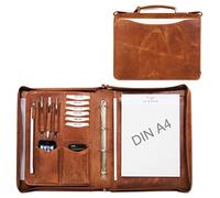 ALMADIH Leder A4 Aktenmappe mit Ringbuch Reißverschluss Tragegriff Schreibblock Premium Rindsleder Hell-braun Deluxe Ledermappe Mappe Konferenzmappe Dokumentenmappe Tagungsmappe (A4 Aktenmappe BD)