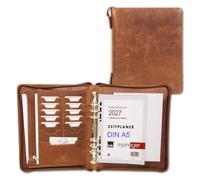 ALMADIH - Leder A5 Organizer mit Ringmechanik Reißverschluss, Kalender 2026 2027 Schreibblock Premium Rindsleder Braun Deluxe Ledermappe Mappe Terminplaner Systemplaner Konferenzmappe (A5-O-BD)