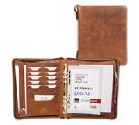 ALMADIH Leder A5 Organizer Ringmechanik Reißverschluss Kalender 2026 2027 Schreibblock Premium Rindsleder Deluxe Ledermappe Terminplaner Systemplaner Schreibmappe Konferenzmappe Mappe braun (A5-O-D)