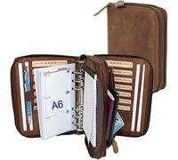 ALMADIH Leder A6 Kombimappe 2 Fächer mit Reißverschluss Kalender 2026 2027 Rindsleder Braun Vintage Geschenkbox Ledermappe Mappe Schreibmappe Terminplaner Terminkalender Ringbuchmappe (Kombi A6 BV)