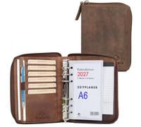 ALMADIH Leder A6 Organizer mit Reißverschluss, Kalender 2026 2027 Premium Rindsleder Braun Vintage in Geschenkbox Ledermappe Mappe Schreibmappe Terminplaner Terminkalender Ringbuchmappe (Org A6 BV)