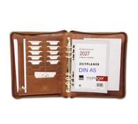 ALMADIH Ledermappe A5 Leder Organizer Kalender 2026 2027 mit Ringmechanik Reißverschluss - Leder Mappe Terminplaner Terminkalender Premium Rindsleder braun deluxe OS Ledermappe (A5 Org S bd)
