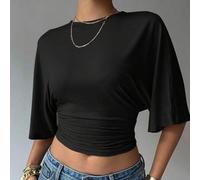 Aloruh Damen Einfarbig Rundhals Fledermaus Kurzarm Rüschen Crop Lässig 2-teiliges T-Shirt Set, geeignet für den täglichen Gebrauch, vielseitiges Zweit