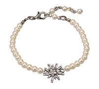 Alpenflüstern Perlen-Trachten-Armkette Strass-Edelweiss - Damen-Trachtenschmuck mit antik-silber-farbenem Trachten-Edelweiss, Trachten-Armkette, Perlenarmband creme-weiß DAB074
