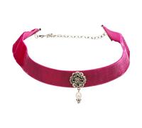 Alpenflüstern Trachten-Samt-Kropfband Elfrida mit Ornament und Perle - nostalgische Trachtenkette enganliegend, Kropfkette elastisch, Damen-Trachtenschmuck, Samtkropfband breit pink-Fuchsia DHK168