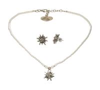 Alpenflüstern Trachtenschmuck-Set Filigran Perlen-Trachtenkette und Trachten-Ohrstecker Strass-Edelweiß - Damen-Trachten-Schmuck antik-gold-farben, Trachtenset (creme-weiß) SET061