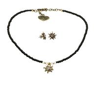 Alpenflüstern Trachtenschmuck-Set Filigran Perlen-Trachtenkette und Trachten-Ohrstecker Strass-Edelweiß - Damen-Trachten-Schmuck antik-Gold-Farben, Trachtenset schwarz SET014