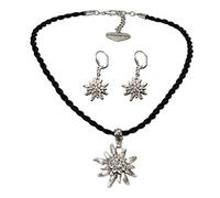 Alpenflüstern Trachtenschmuck-Set Kordel-Trachtenkette und Ohrhänger Strass-Edelweiß - Damen-Trachten-Schmuck, Trachtenset Dirndl-Kette und Trachten-Ohrringe schwarz SET021