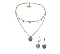 Alpenflüstern Trachtenschmuck-Set Metall-Trachtenkette und Trachten-Ohrhänger Trachten-Strass-Herz - Damen Trachten-Schmuck Trachtenset Dirndl-Kette und Trachten-Ohrringe (antik-silber-farben) SET055
