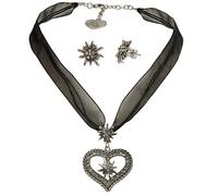 Alpenflüstern Trachtenschmuck-Set Organza-Trachtenkette Strassedelweissherz und Trachten-Ohrstecker Strass-Edelweiss - Damen-Trachten-Schmuck, Trachtenset Kette und Trachten-Ohrringe schwarz SET043