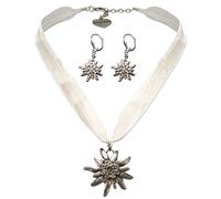 Alpenflüstern Trachtenschmuck-Set Organza-Trachtenkette und Ohrhänger Strass-Edelweiß - Damen-Trachten-Schmuck, Trachtenset Dirndl-Kette und Trachten-Ohrringe weiß SET019