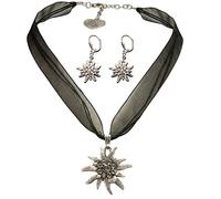 Alpenflüstern Trachtenschmuck-Set Organza-Trachtenkette und Ohrhänger Strass-Edelweiß - Damen-Trachten-Schmuck, Trachtenset Dirndl-Kette und Trachten-Ohrringe schwarz SET019