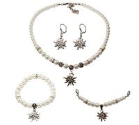 Alpenflüstern Trachtenschmuck-Set Perlen-Trachtenkette, Armband, Charivari und Ohrhänger Strass-Edelweiß - Damen-Trachten-Schmuck, Trachtenset Creme-weiß SET048