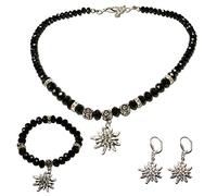 Alpenflüstern Trachtenschmuck-Set Perlen-Trachtenkette, Armband und Ohrhänger Strass-Edelweiß - Damen-Trachten-Schmuck, Trachtenset Dirndl-Kette, Armkette, Ohrringe schwarz SET024