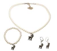 Alpenflüstern Trachtenschmuck-Set Perlen-Trachtenkette, Trachten-Armband und Trachten-Ohrhänger Hirsch - Damen-Trachten-Schmuck, Trachtenset Kette, Armkette und Ohrringe Creme-weiß SET039