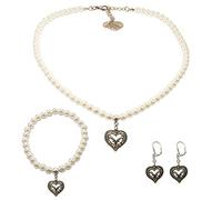 Alpenflüstern Trachtenschmuck-Set Perlen-Trachtenkette, Trachten-Armband und Trachten-Ohrhänger Strassherz-Hirsch - Damen-Trachten-Schmuck, Trachtenset Creme-weiß SET046