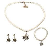 Alpenflüstern Trachtenschmuck-Set Perlen-Trachtenkette, Trachten-Armband und Trachten-Ohrhänger Strass-Edelweiss - Damen-Trachten-Schmuck, Trachtenset Kette, Armkette und Ohrringe Creme-weiß SET038