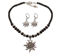 Alpenflüstern Trachtenschmuck-Set Perlen-Trachtenkette und Ohrhänger Strass-Edelweiß - Damen-Trachten-Schmuck, Trachtenset Dirndl-Kette und Trachten-Ohrringe schwarz SET011