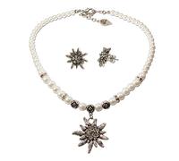 Alpenflüstern Trachtenschmuck-Set Perlen-Trachtenkette und Ohrstecker Strass-Edelweiß - Damen-Trachten-Schmuck, Trachtenset Dirndl-Kette und Trachten-Ohrringe in schwarz und Creme-weiß SET012