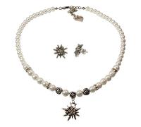 Alpenflüstern Trachtenschmuck-Set Perlen-Trachtenkette und Ohrstecker Strass-Edelweiß - Damen-Trachten-Schmuck, Trachtenset Dirndl-Kette und Trachten-Ohrringe Creme-weiß SET010