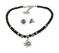 Alpenflüstern Trachtenschmuck-Set Perlen-Trachtenkette und Ohrstecker Strass-Edelweiß - Damen-Trachten-Schmuck, Trachtenset Dirndl-Kette und Trachten-Ohrringe schwarz SET010