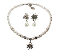 Alpenflüstern Trachtenschmuck-Set Perlen-Trachtenkette und Perlen-Ohrstecker Strass-Edelweiß - Damen-Trachten-Schmuck, Trachtenset Dirndl-Kette und Trachten-Ohrringe in schwarz und Creme-weiß SET013
