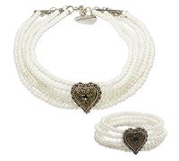Alpenflüstern Trachtenschmuck-Set Perlen-Trachtenkette und Trachten-Armband Margarethe - Damen-Trachten-Schmuck mit Trachten-Herz, Trachtenset Dirndl-Kette und Trachten-Armkette Creme-weiß SET029