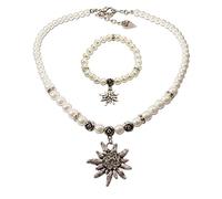 Alpenflüstern Trachtenschmuck-Set Perlen-Trachtenkette und Trachten-Armband Strass-Edelweiß - Damen-Trachten-Schmuck, Trachtenset Dirndl-Kette und Trachten-Armkette Creme-weiß SET022