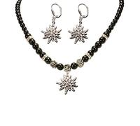 Alpenflüstern Trachtenschmuck-Set Perlen-Trachtenkette und Trachten-Ohrhänger Strass-Edelweiß - Damen-Trachten-Schmuck, Trachtenset Dirndl-Kette und Trachten-Ohrringe schwarz SET005