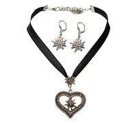 Alpenflüstern Trachtenschmuck-Set Satin-Trachtenkette Strassedelweissherz und Trachten-Ohrhänger Strass-Edelweiss - Damen-Trachten-Schmuck, Trachtenset Kette und Trachten-Ohrringe schwarz SET044