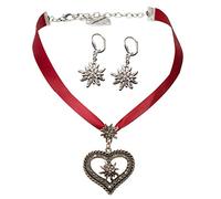 Alpenflüstern Trachtenschmuck-Set Satin-Trachtenkette Strassedelweissherz und Trachten-Ohrhänger Strass-Edelweiss - Damen-Trachten-Schmuck, Trachtenset Trachtenkette und Trachten-Ohrringe rot SET044