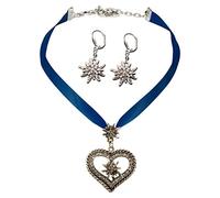 Alpenflüstern Trachtenschmuck-Set Satin-Trachtenkette Strassedelweissherz und Trachten-Ohrhänger Strass-Edelweiss - Damen-Trachten-Schmuck, Trachtenset Trachtenkette und Trachten-Ohrringe blau SET044