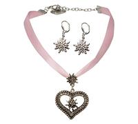 Alpenflüstern Trachtenschmuck-Set Satin-Trachtenkette Strassedelweissherz und Trachten-Ohrhänger Strass-Edelweiss - Damen-Trachten-Schmuck,Trachtenset Kette und Trachten-Ohrringe rosa-rosé SET044