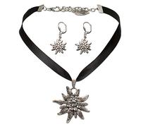 Alpenflüstern Trachtenschmuck-Set Satin-Trachtenkette und Ohrhänger Strass-Edelweiß - Damen-Trachten-Schmuck, Trachtenset Dirndl-Kette und Trachten-Ohrringe schwarz SET020