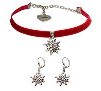 Alpenflüstern Trachtenschmuck-Set Trachten-Samt-Kropfband und Ohrhänger Strass-Edelweiß - Damen-Trachten-Schmuck, Trachtenset Trachtenkette und Trachten-Ohrringe rot SET015
