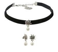 Alpenflüstern Trachtenschmuck-Set Trachten-Samt-Kropfband und Ohrhänger Strass-Edelweiß - Damen-Trachten-Schmuck, Trachtenset Trachtenkette und Trachten-Ohrringe (schwarz) SET060