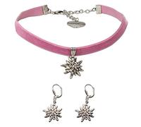 Alpenflüstern Trachtenschmuck-Set Trachten-Samt-Kropfband und Ohrhänger Strass-Edelweiß - Damen-Trachten-Schmuck, Trachtenset Trachtenkette und Trachten-Ohrringe rosa-rosé SET015