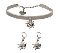 Alpenflüstern Trachtenschmuck-Set Trachten-Samt-Kropfband und Ohrhänger Strass-Edelweiß - Damen-Trachten-Schmuck, Trachtenset Trachtenkette und Trachten-Ohrringe grau SET015