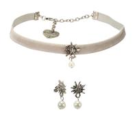 Alpenflüstern Trachtenschmuck-Set Trachten-Samt-Kropfband und Ohrhänger Strass-Edelweiß - Damen-Trachten-Schmuck, Trachtenset Trachtenkette und Trachten-Ohrringe (grau) SET060