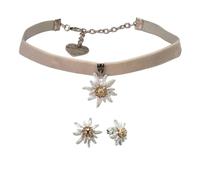Alpenflüstern Trachtenschmuck-Set Trachten-Samt-Kropfband und Ohrstecker Greta Edelweiß - Damen-Trachten-Schmuck, Trachtenset Trachtenkette und Trachten-Ohrringe (grau) SET053