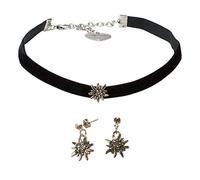 Alpenflüstern Trachtenschmuck-Set Trachten-Samt-Kropfband und Ohrstecker Strass-Edelweiß mini - Damen-Trachten-Schmuck, Trachtenset Trachtenkette und Trachten-Ohrringe schwarz SET040