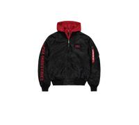 Bomberjacke ALPHA INDUSTRIES "MA-1 D-Tec Sleeve Embroidery", Herren, Gr. M, schwarz (schwarz, rot), Obermaterial: 100% Nylon, Futter: 100% Nylon, Kapuze: 75% Baumwolle, 25% Polyester, Füllung: 100% Po