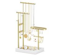 Alsonerbay Schmuckständer Gold Weiß, 360° drehbar, 3 Ebenen Schmuckhalter | 360° Ohrringe-Aufbewahrung mit Holzsockel. Großer Metall-Organizer für Ketten, Ringe, Uhren & Armbänder